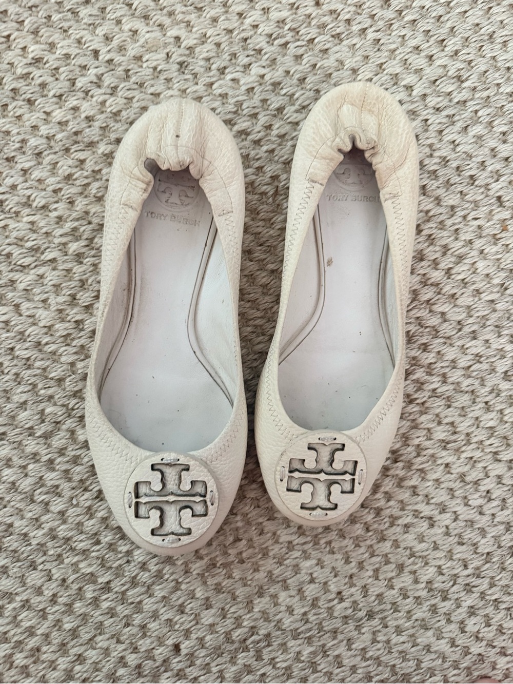 Tory Burch Ivory Leather Logo Ballet Flats